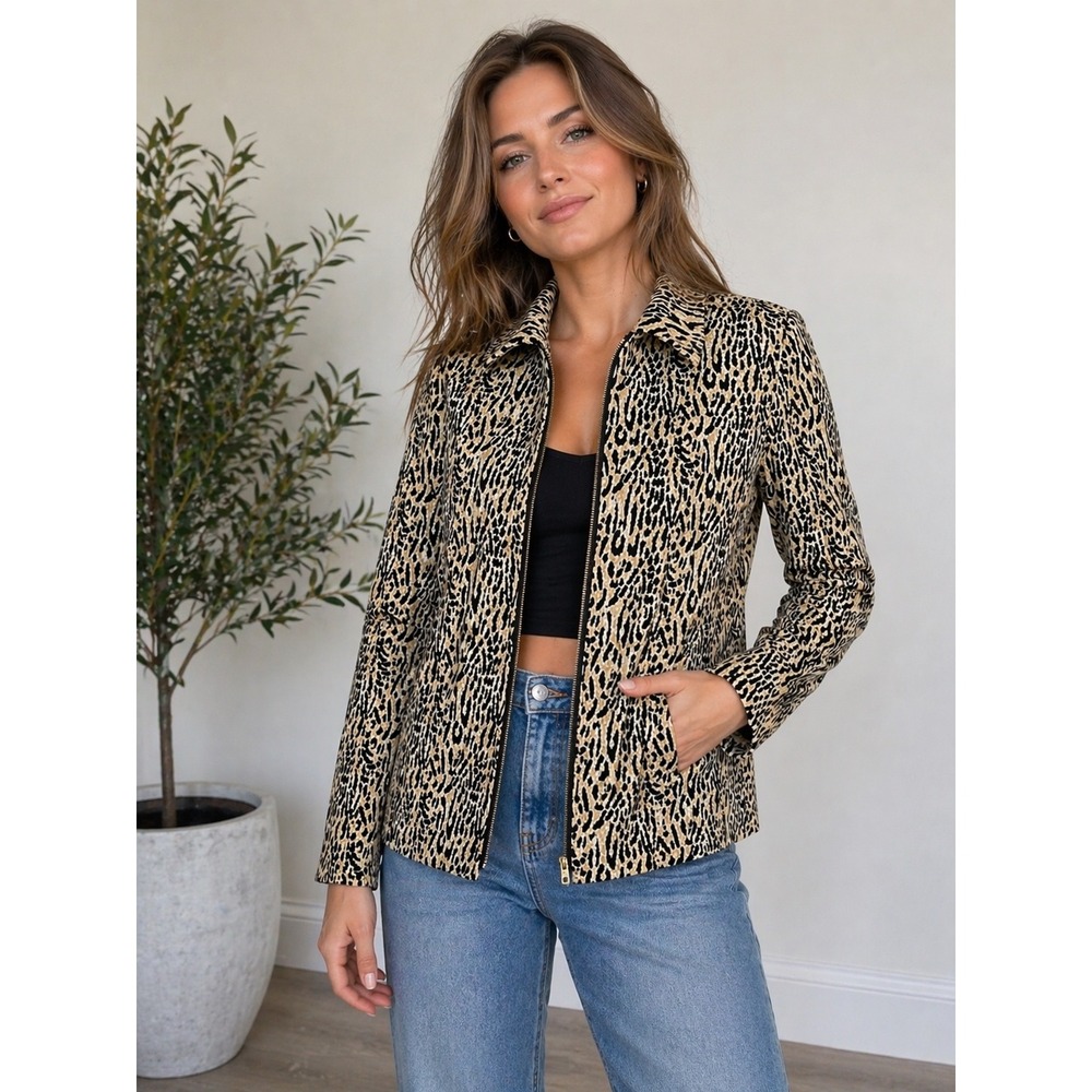 MARY MCFADDEN Jacket Size 10 Leopard Tiger Print Blazer Classic Chic Full Zip